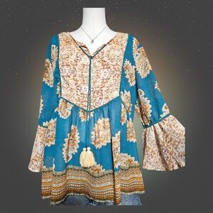 Vintage America Blues XL Peasant Blouse Teal Boho Patchwork Tassel Top